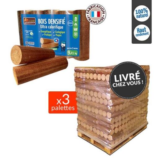 Bois densifié woodstock qualité premium – 3 palettes de 104 packs de 9.65 kg